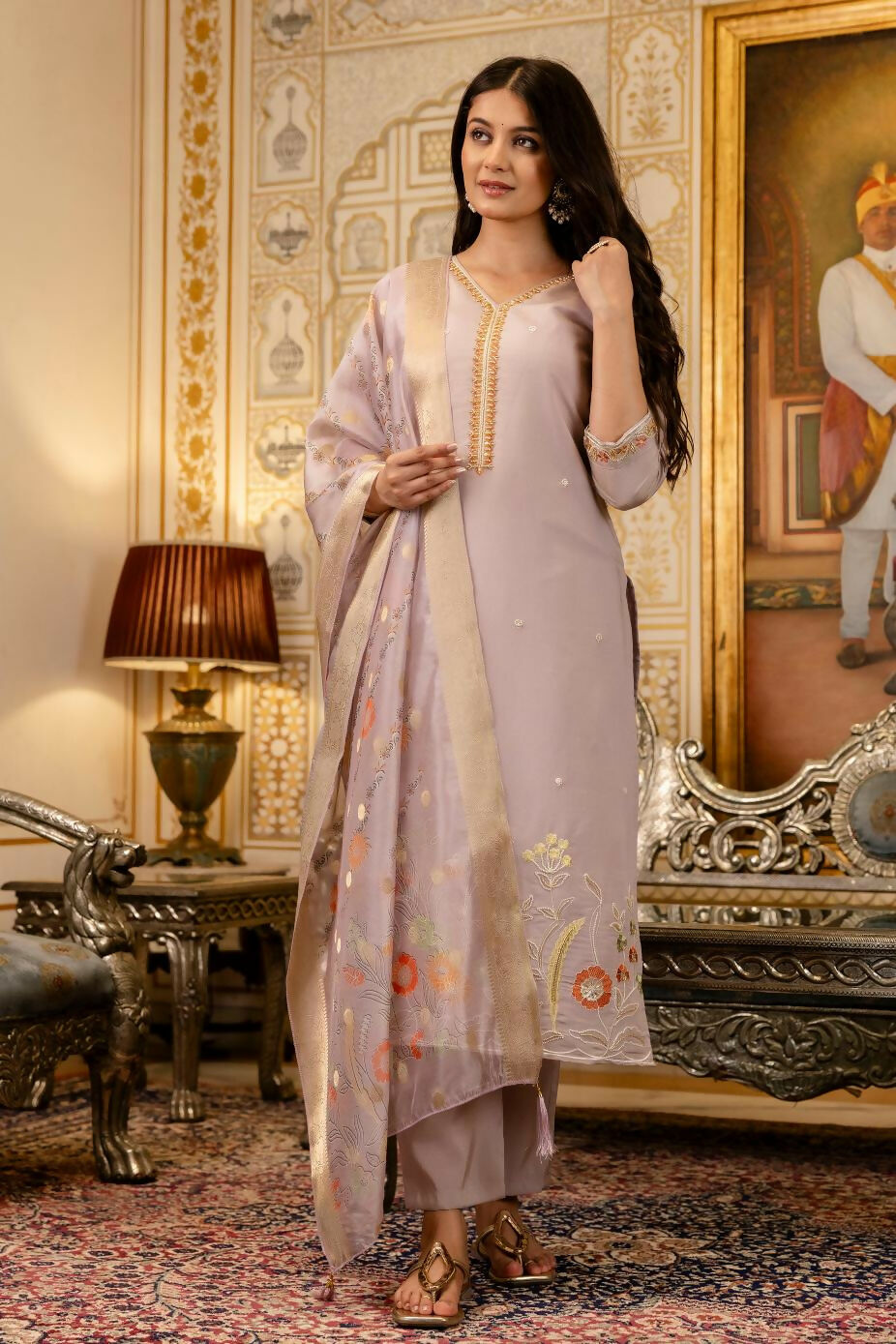 The52 Lavender Women's Beautiful Viscose Shimmer Fabric Embroidered Work Straight Kurta Pant and Dupatta Set