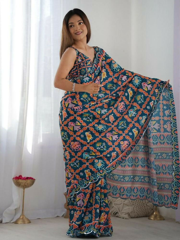 PR Fashion Dark Blue Georgette Digital Print With Mirror Work Saree