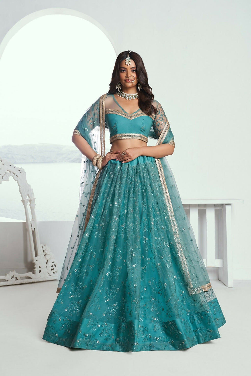 Eilara Beautiful Teal Net With Embroidered And Thread Zari Sequence Wedding Lehenga Choli