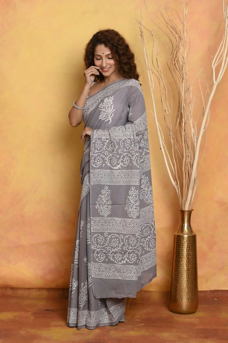 Very Much Indian Handblock Printed Cotton Saree With Natural Dyes - Grey