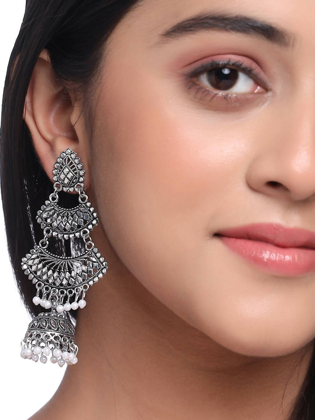 NVR Women Silver Toned Contemporary Jhumka Earrings