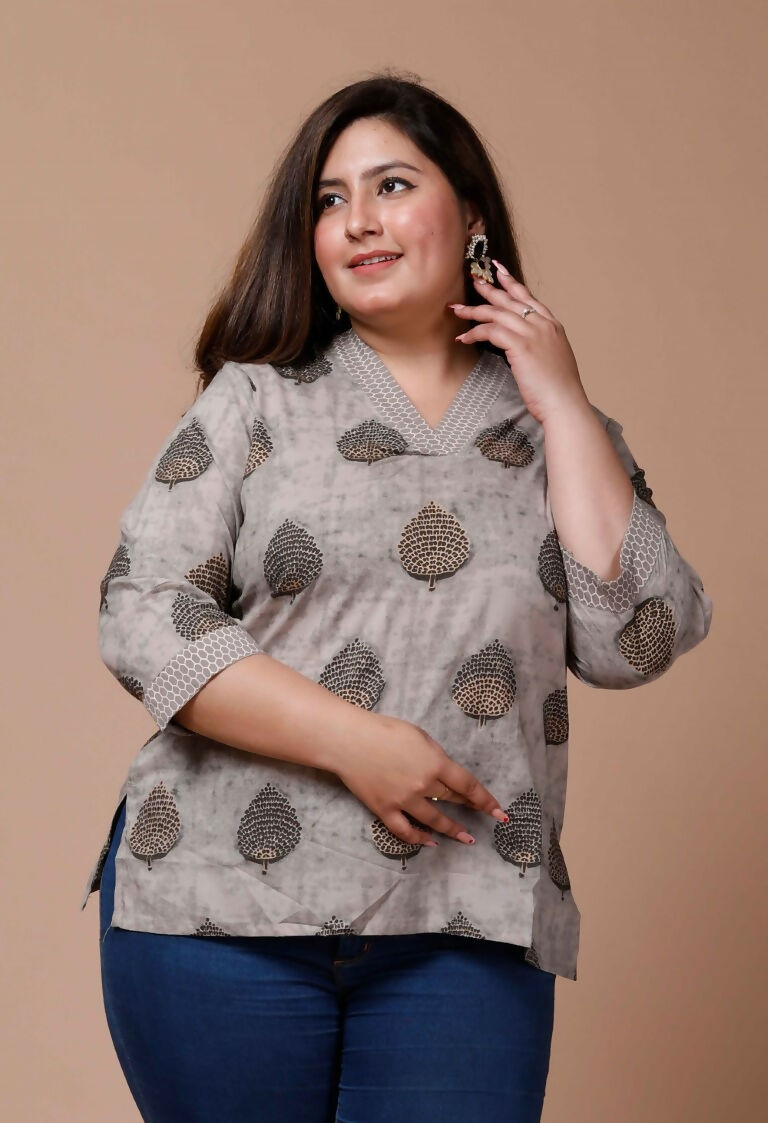 Miravan Women's Plus Size Floral Printed Beige Pure Cotton Kurti