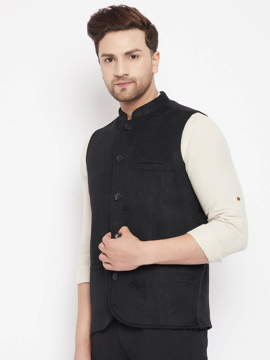Even Apparels Black Wool Men Woven Nehru Jacket
