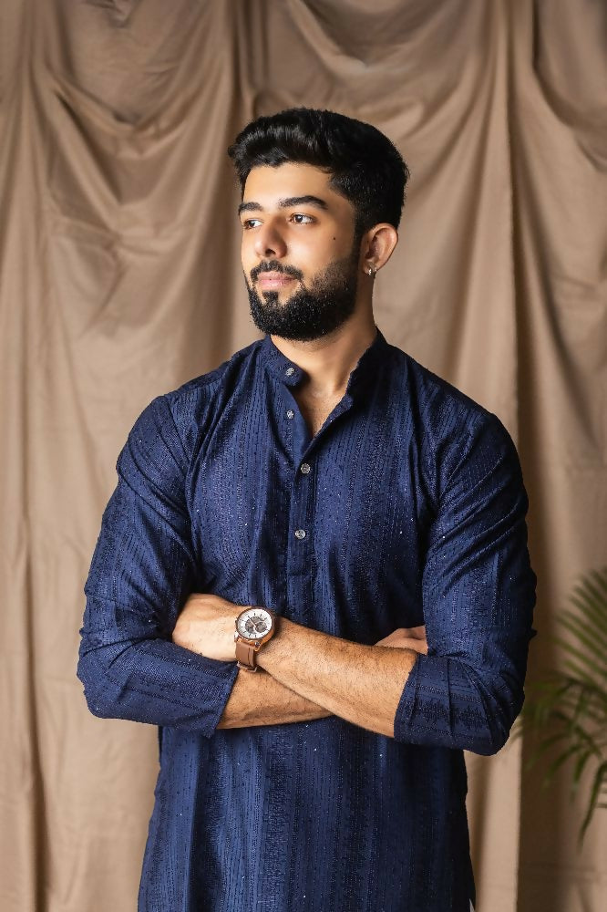 Navy Blue Rayon Thread Embroidery Work Kurta Set - Mahotsav