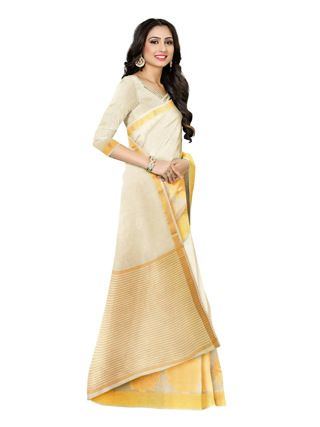 Mimosa Women's Off White Linen Blend Kasavu Saree