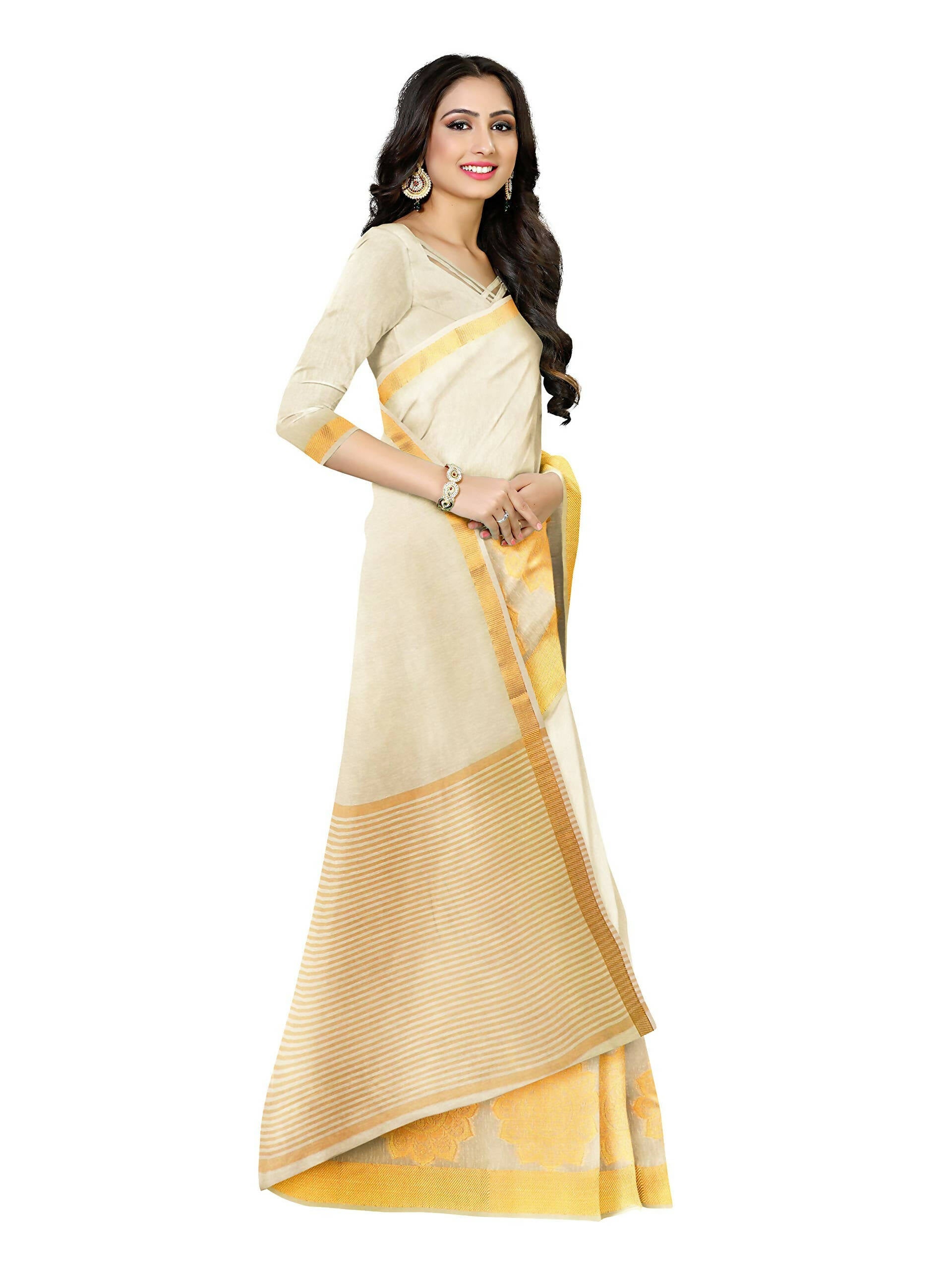 Mimosa Women's Off White Linen Blend Kasavu Saree