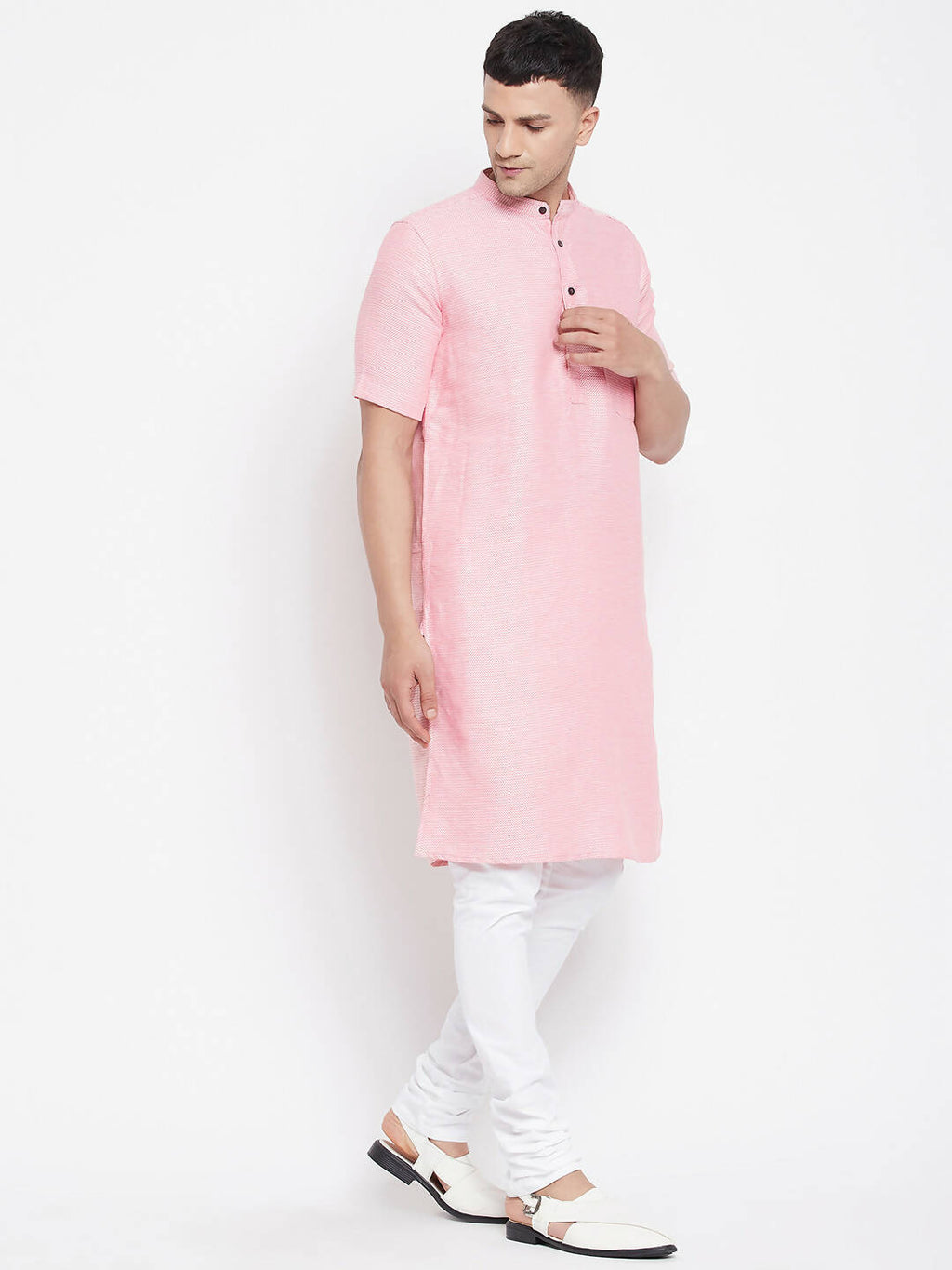 Even Apparels Pink Pure Cotton Men's H/S Kurta With Band Collar