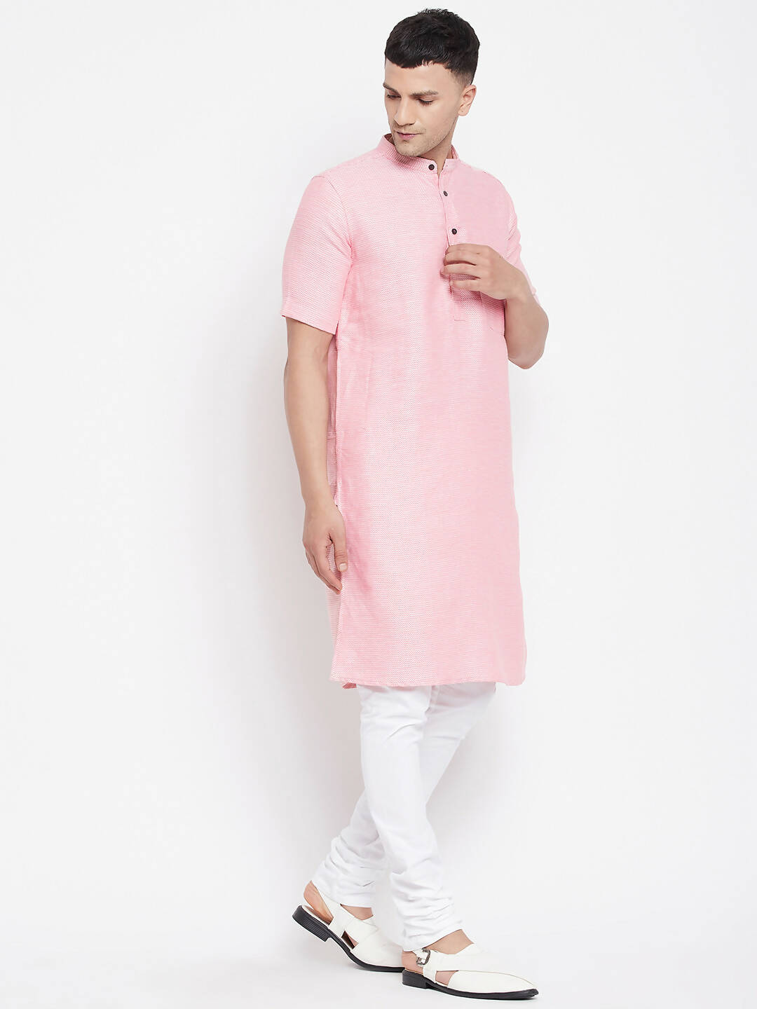 Even Apparels Pink Pure Cotton Men's H/S Kurta With Band Collar