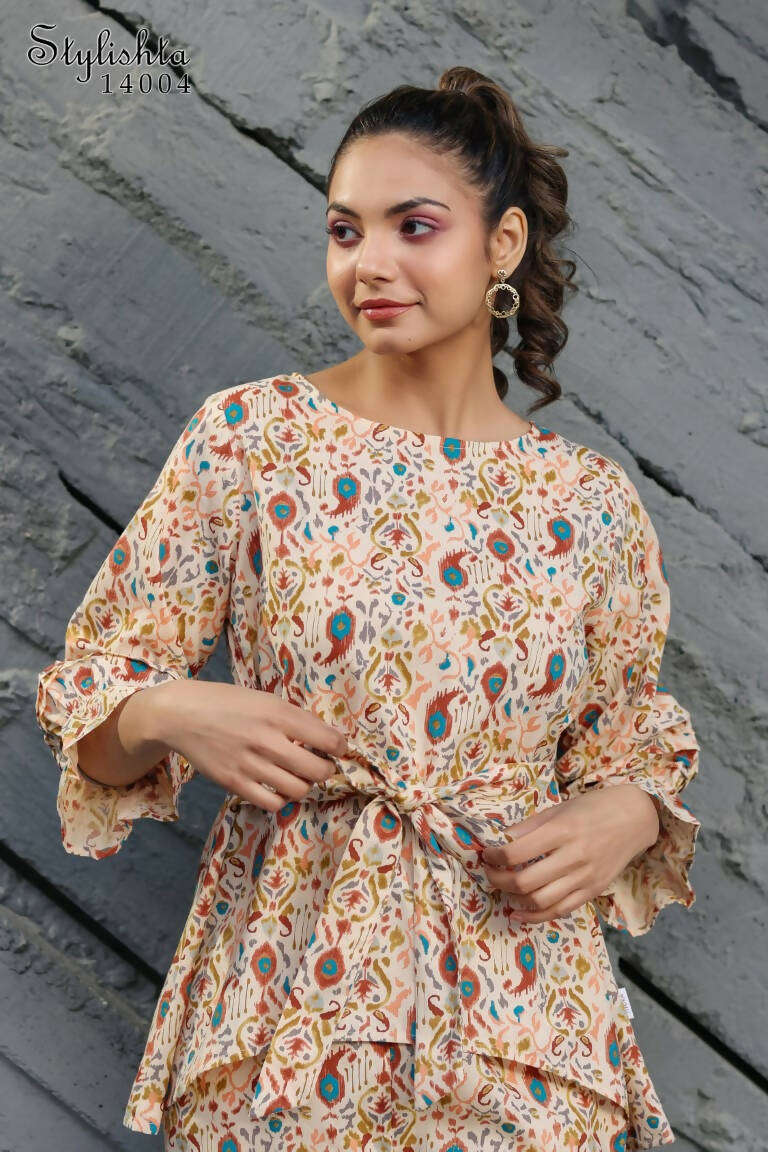 Women's Partywear Designer Cream & Multi Muslin co-ord set - Stylishta