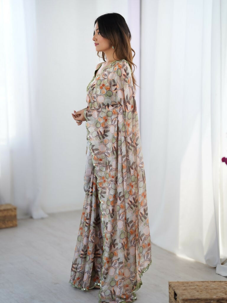 Off White Chinon Designer Digital Printed,Mirror Cut Work Saree - Manvika