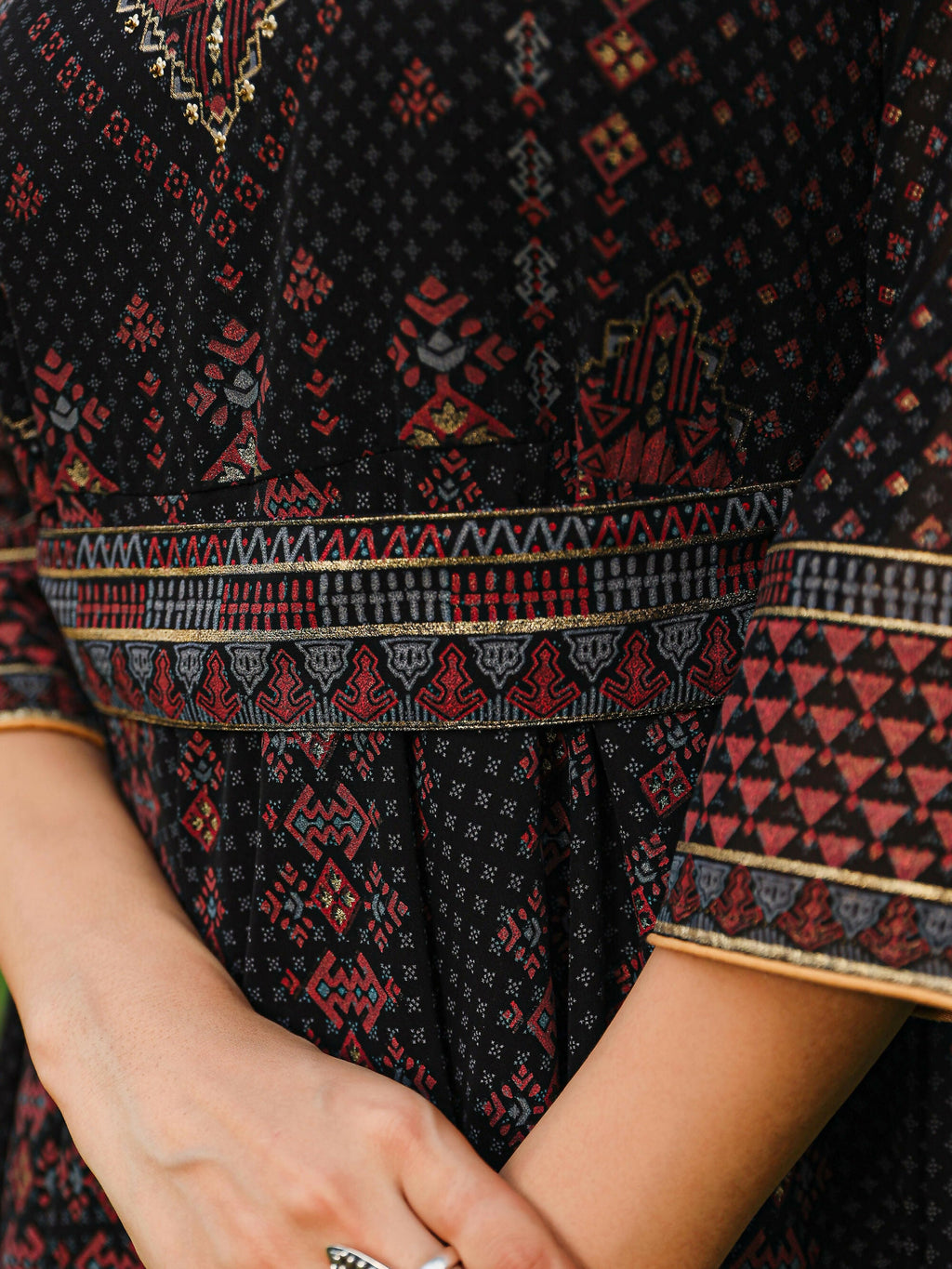 Juniper Women's The Mahautsavam Black Ethnic Motif Printed Georgette Dress With Sequins & Beads