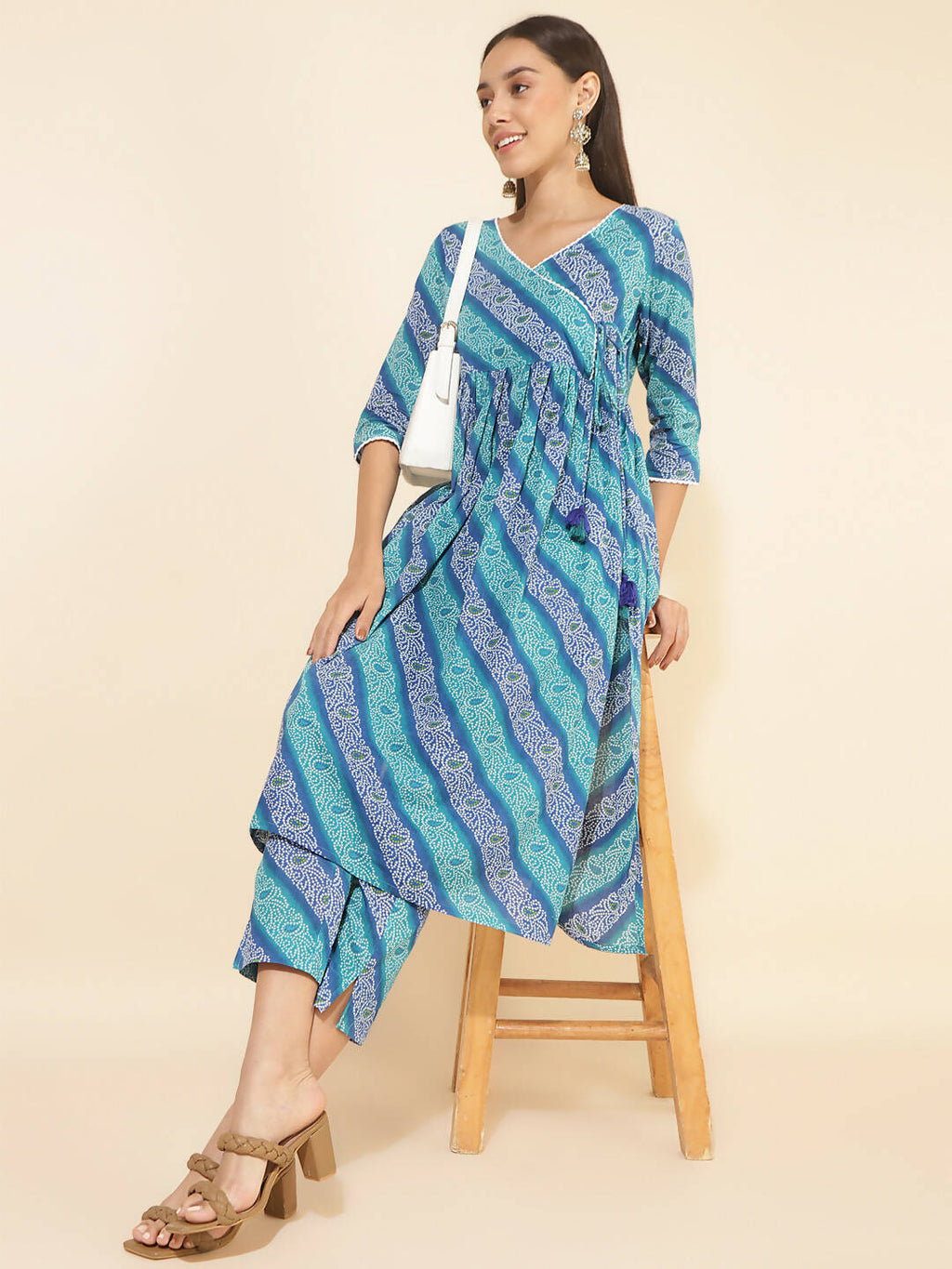 Janasya Women's Blue Cotton Bandhani Printed Casual Angrakha Co-ords