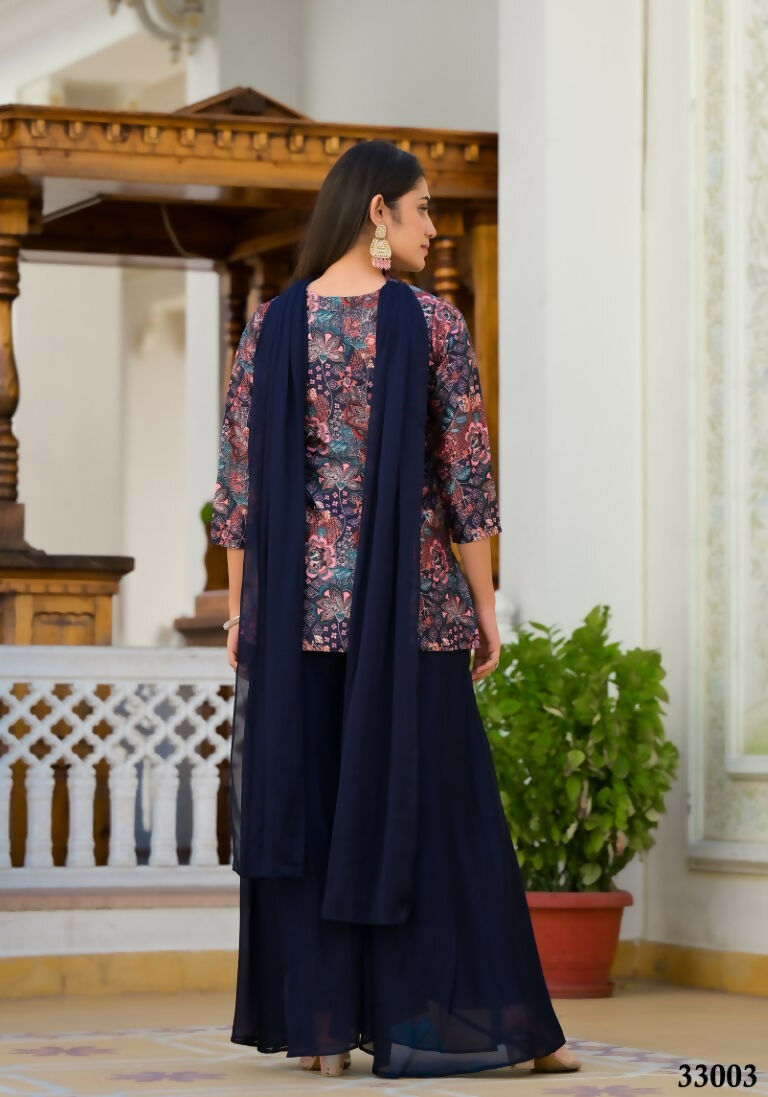 Designer Stylish Navy Blue Dull satin Stitched Suit With Dupatta - Samya