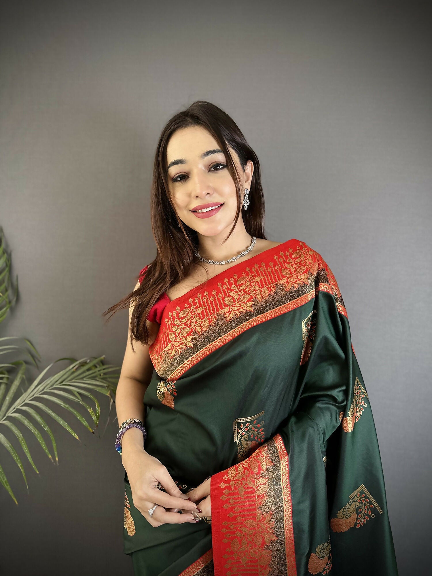 Joban Fashion Dark Green Banarasi Soft Silk Peacock Butta Work Saree