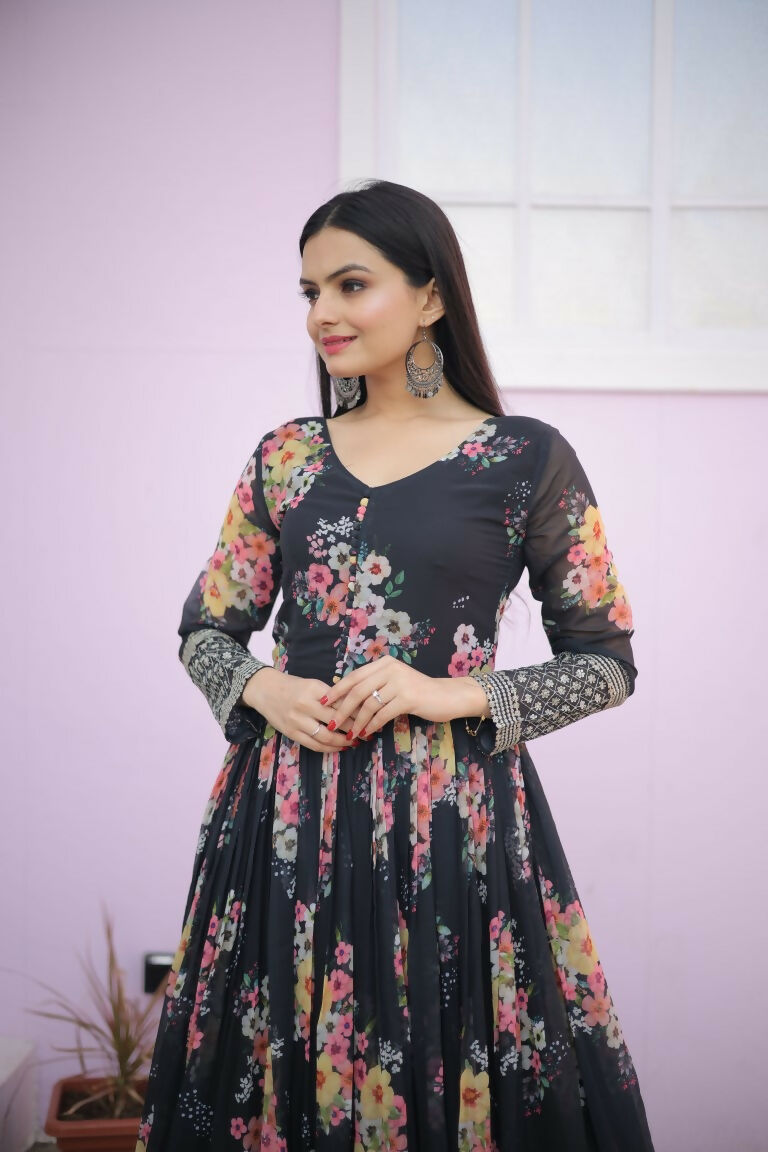 Jyoti Fashion Women's Black Digital Print with Sequence Zari Embroidered Faux Georgette Anarkali Dress