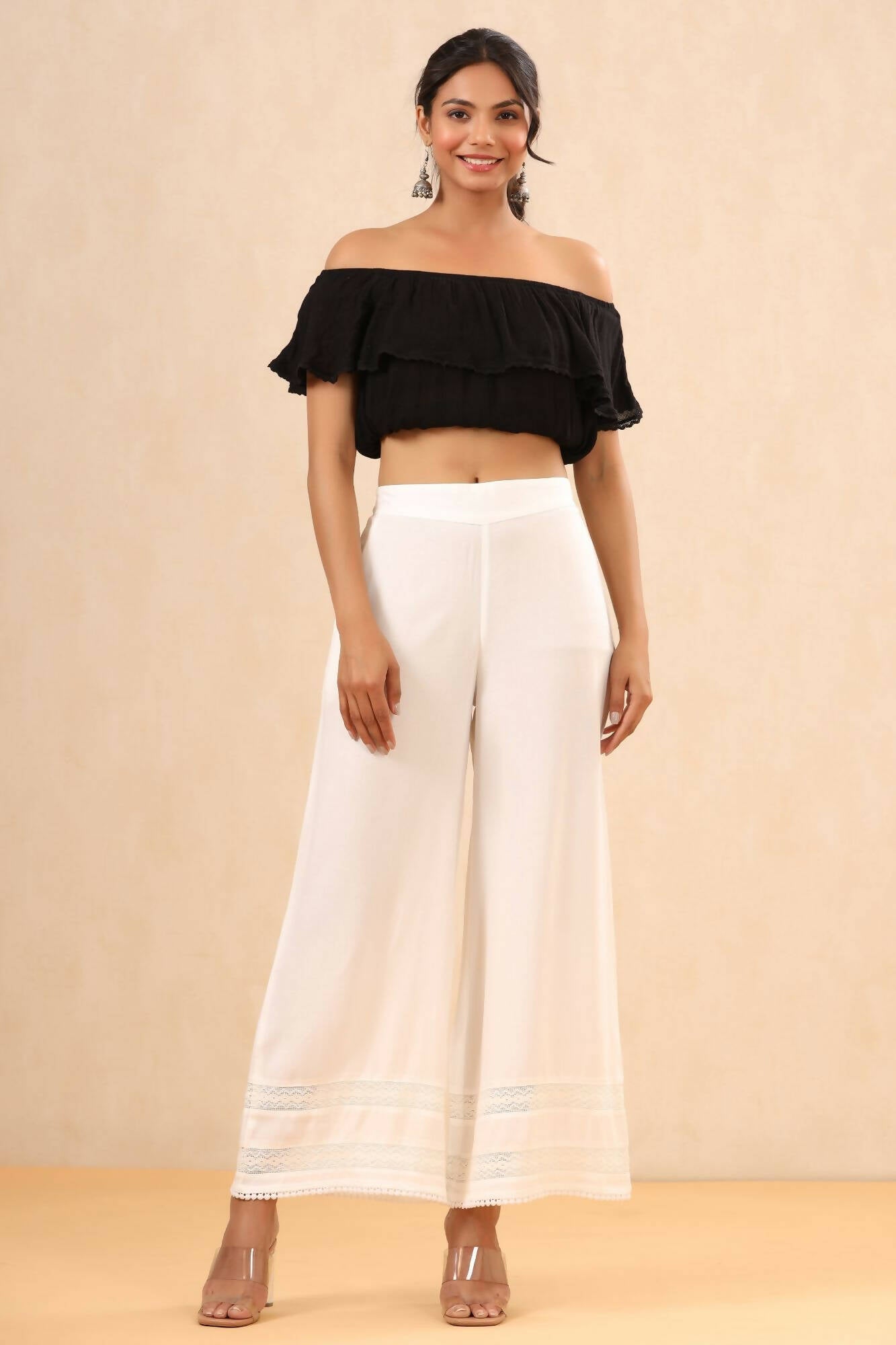 Juniper Women White Rayon Solid Straight Palazzo