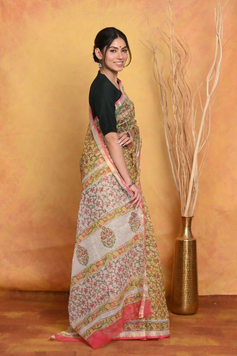Very Much Indian Pure Kota Cotton Handblock Printed Saree - Yellow
