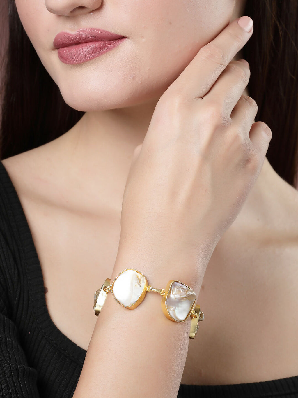 NVR Women's Gold-Polished Handcrafted Mother of Pearl Link Bracelet
