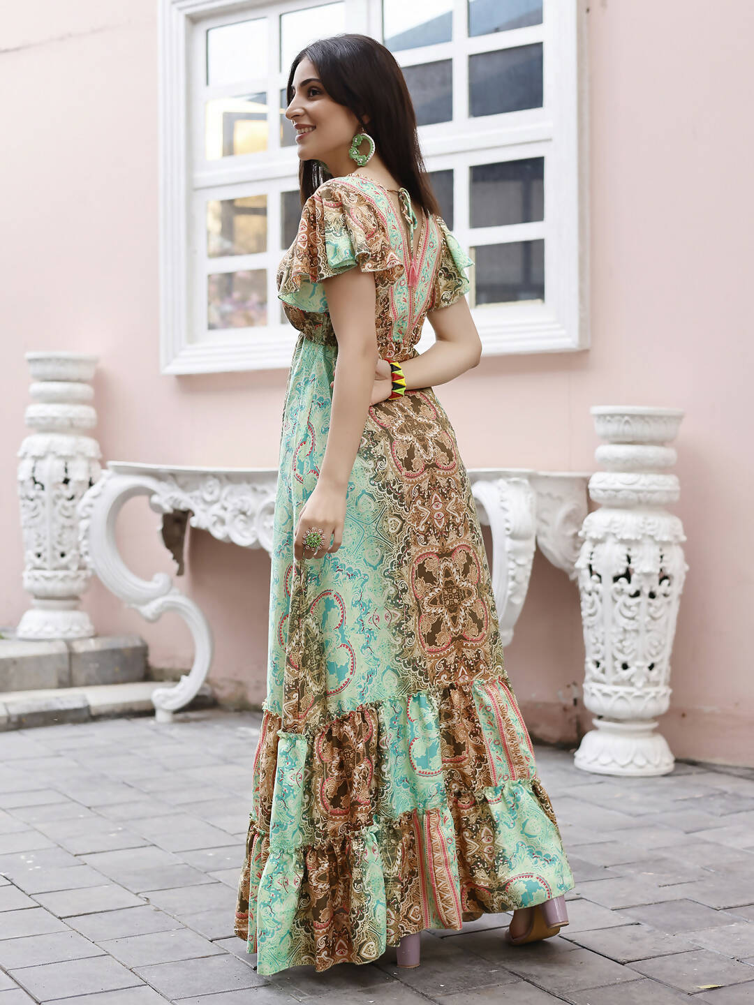 Sea Green Rayon Foil Printed Long Dress - Michan