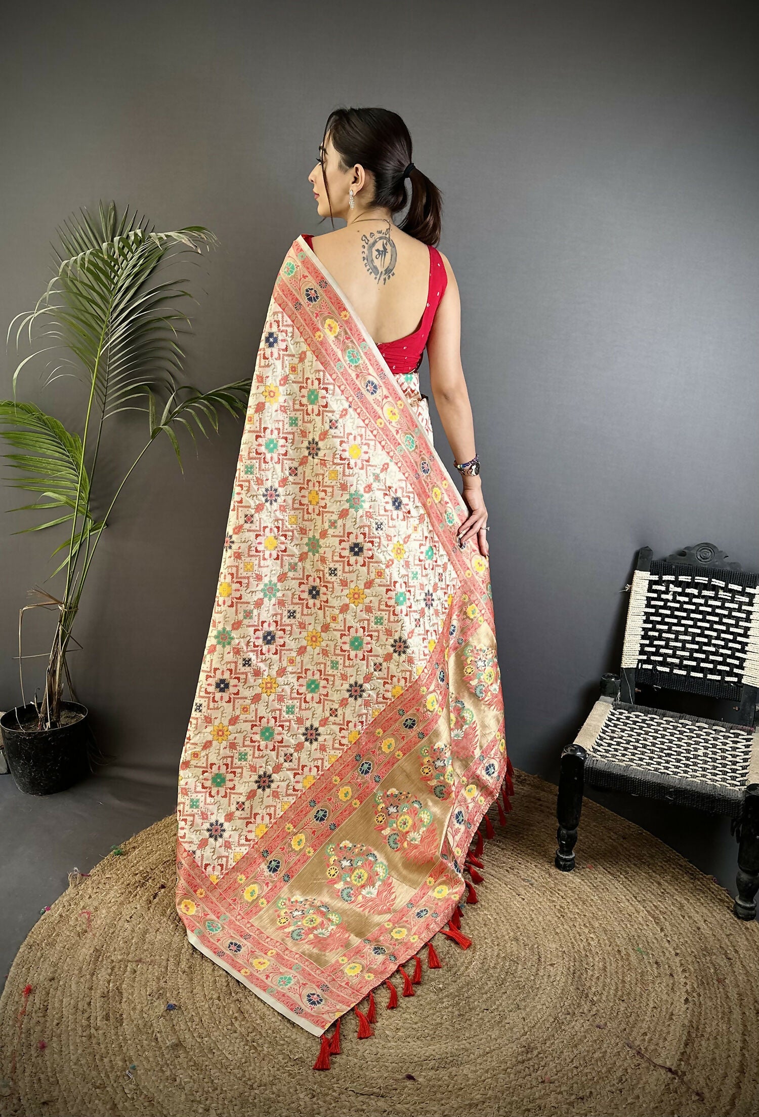 Joban Fashion Cream Banarasi Soft Silk Woven Saree
