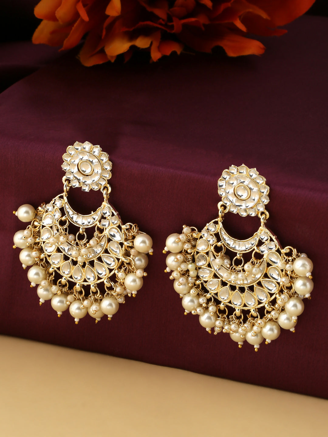NVR Women Gold-Polished Studded Kundan Chandbali Earrings