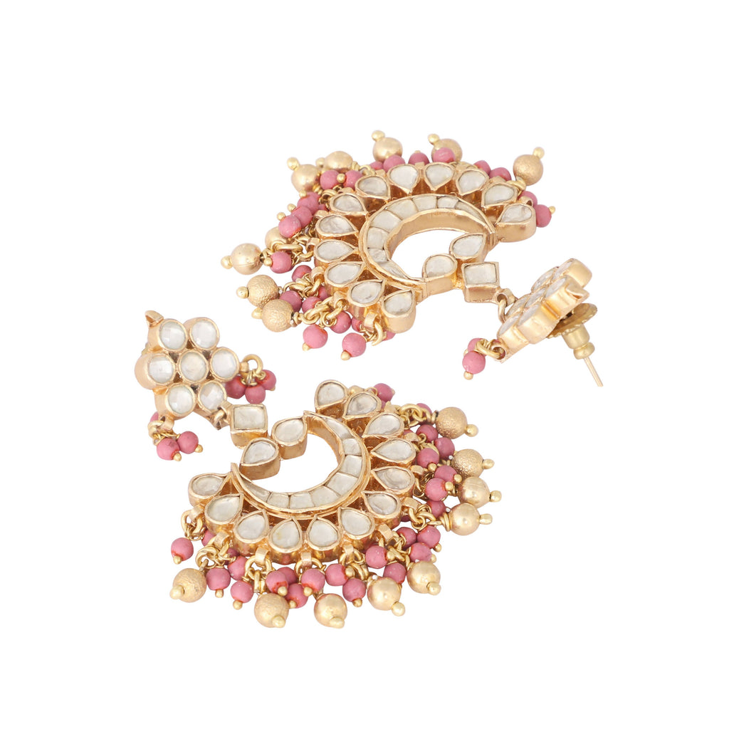 Nuyug 22k Gold-Plated Kundan Chandbali Earrings with Pink Stones