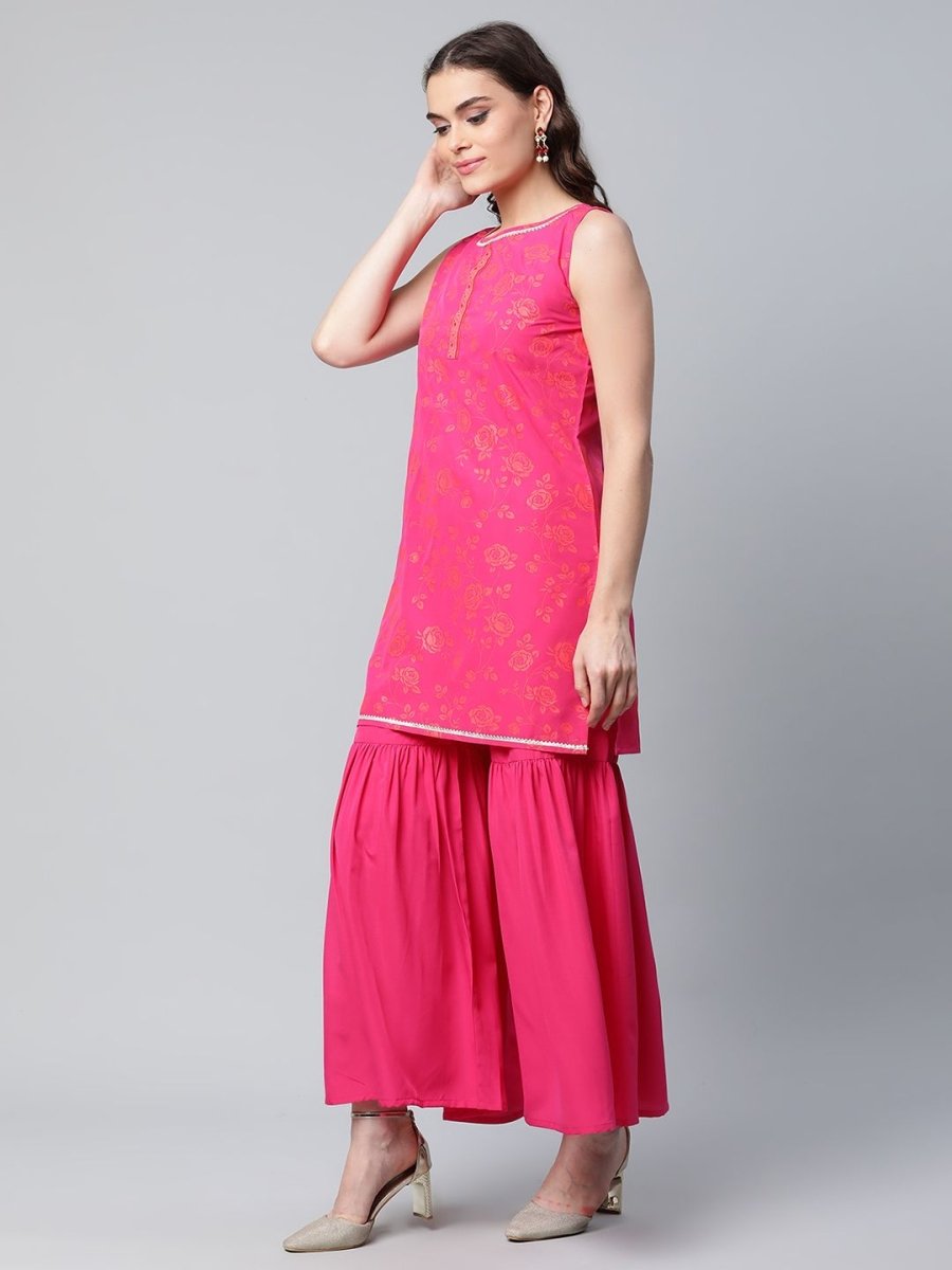 Ahalyaa Pink Crepe Orange khari Print Kurta Sharara Set With Dupatta