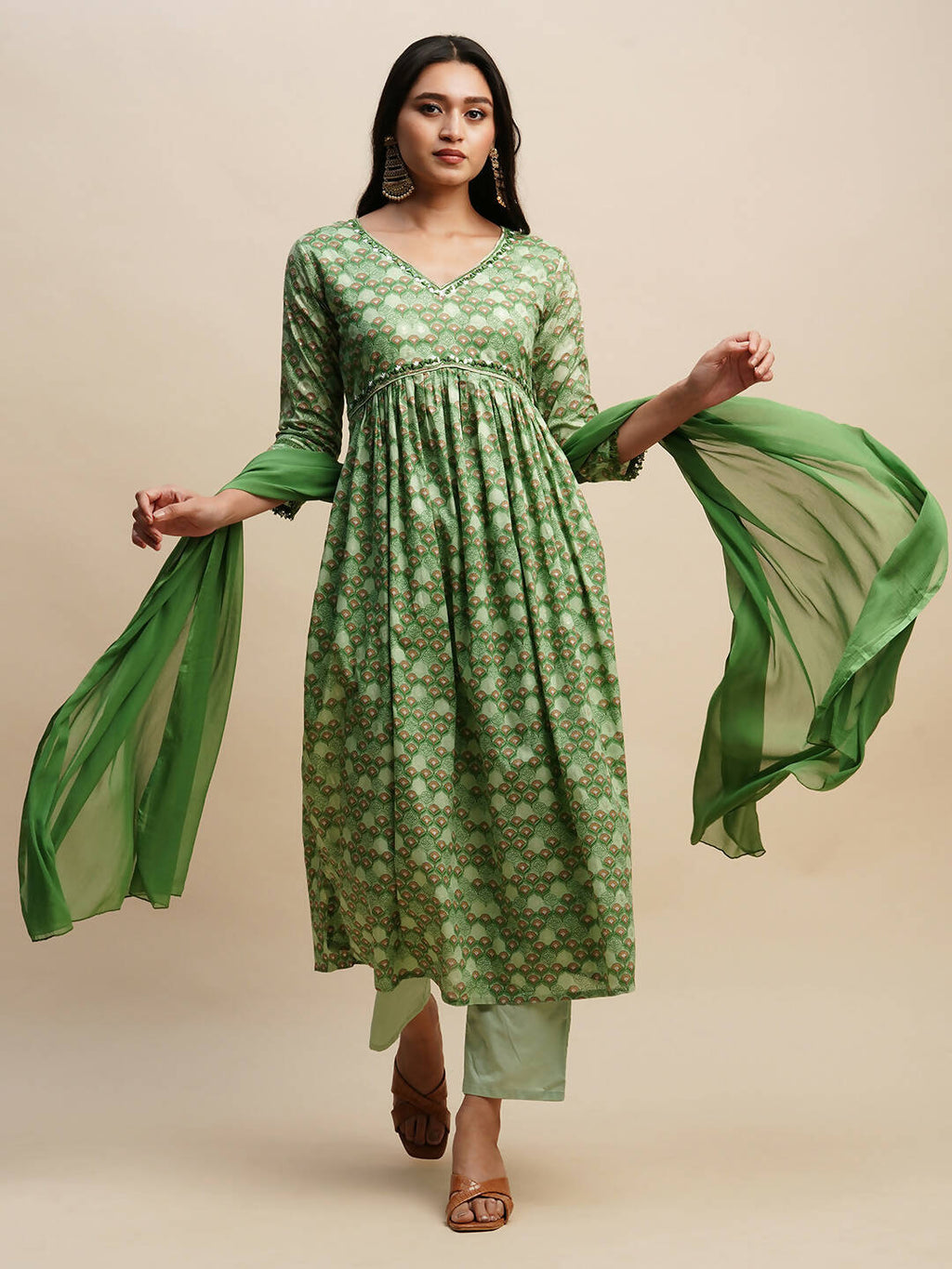 Green Pure Cotton Floral Printed Naira Cut Kurta And Bottom With Dupatta - Akashara