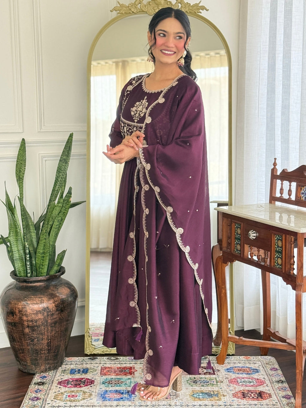 The52 Women Beautiful Vichitra Silk Fabric Flared Kurta, Pant and Dupatta Set