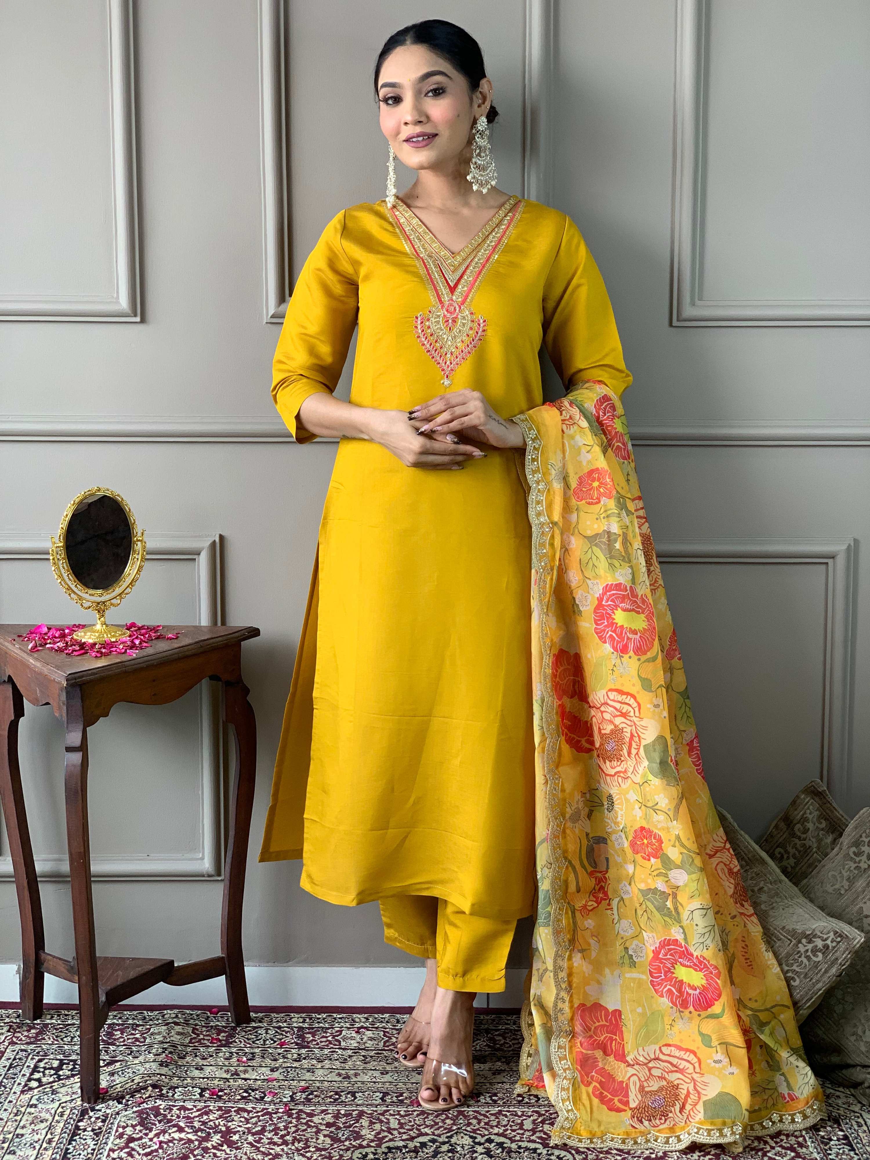 The52 Women's Mustard Chanderi Embroidered Straight Kurta, Pant and Dupatta Set