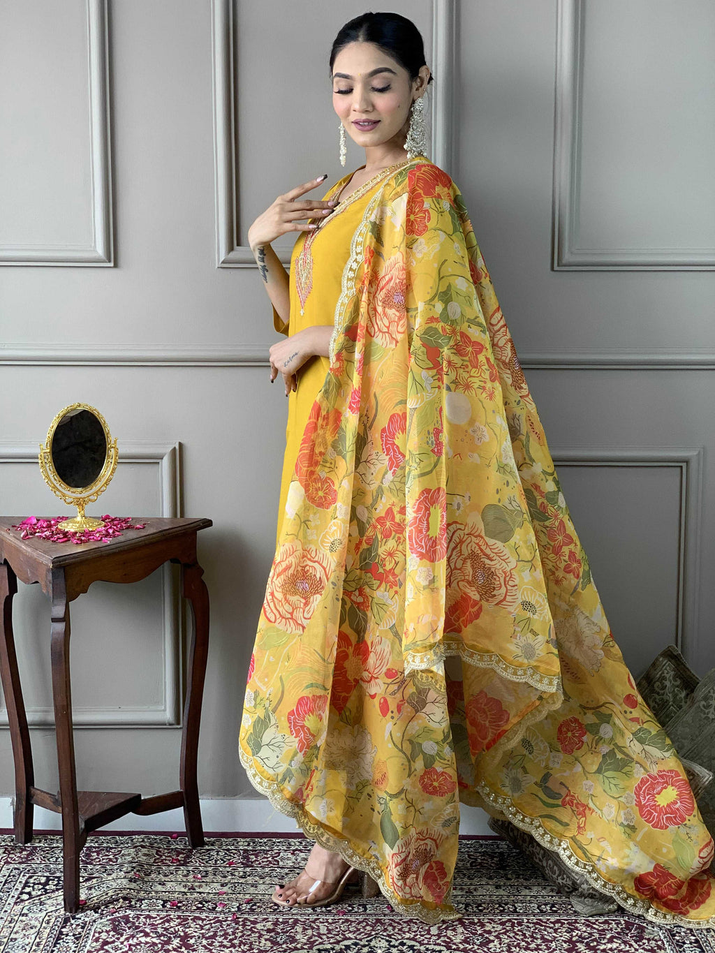 The52 Women's Mustard Chanderi Embroidered Straight Kurta, Pant and Dupatta Set