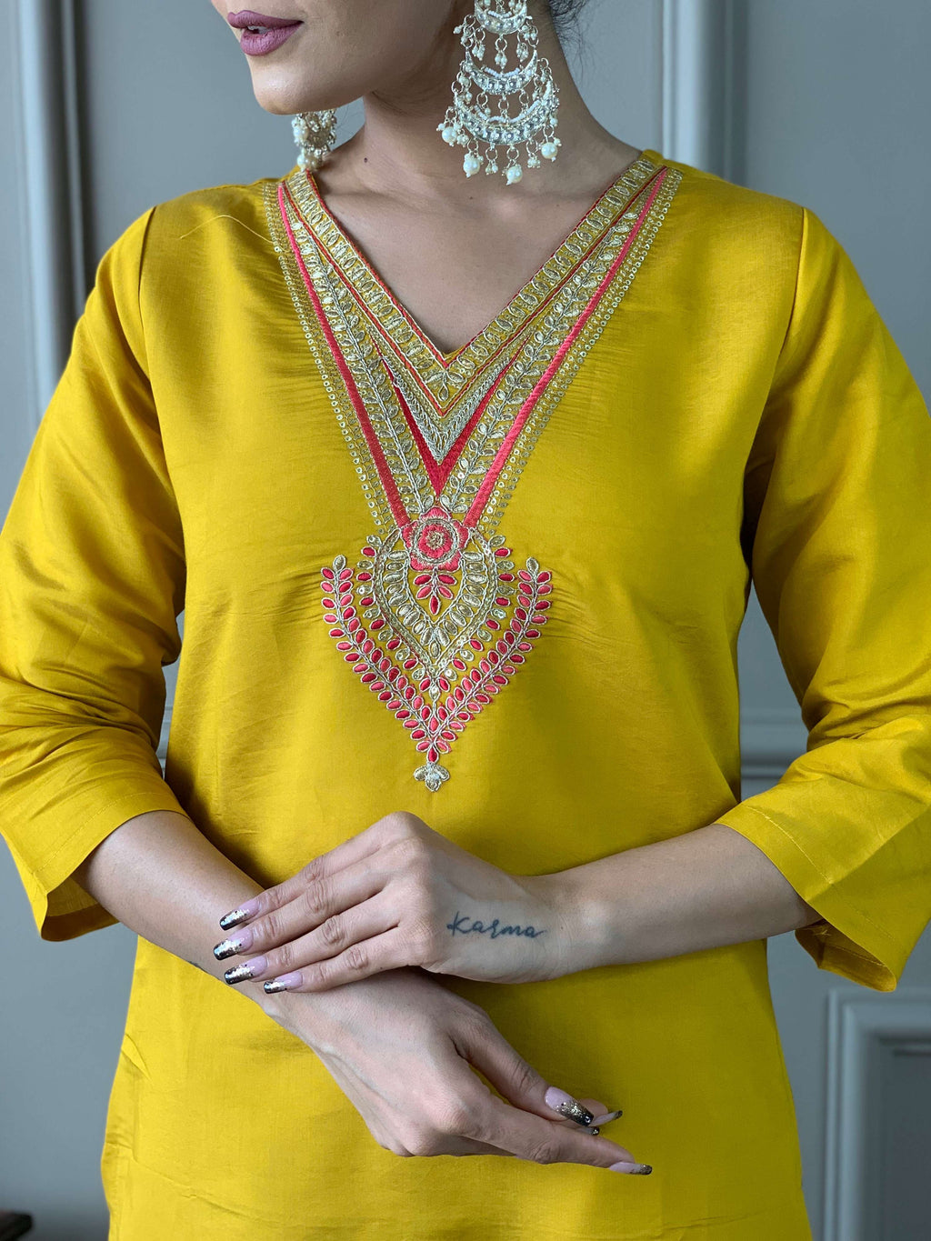The52 Women's Mustard Chanderi Embroidered Straight Kurta, Pant and Dupatta Set