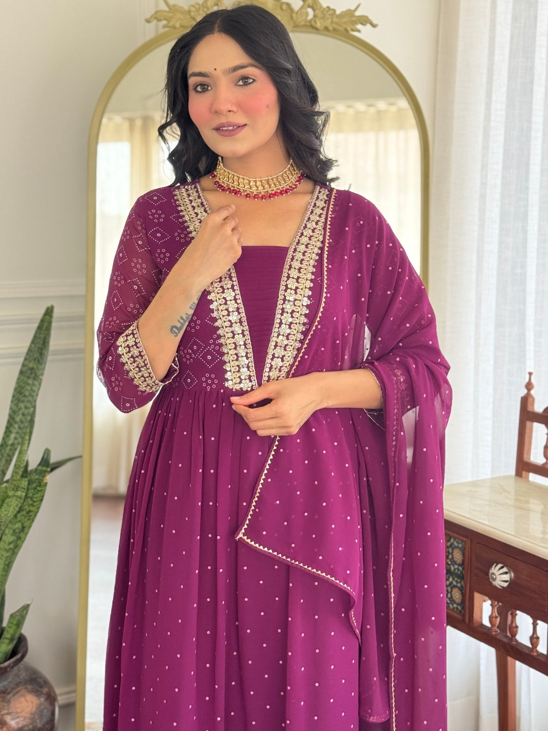 The52 Women Beautiful Georgette Fabric Angrakha Kurta, Pant and Dupatta Set