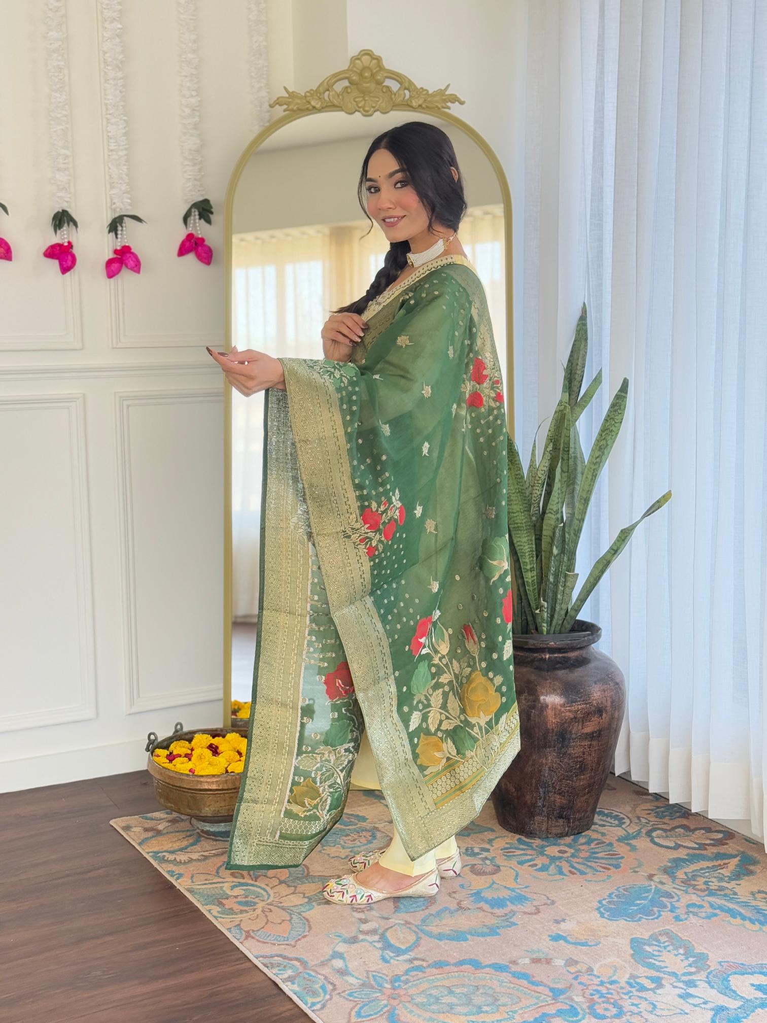 The52 Yellow Women's Viscose Chanderi Fabric Straight Kurta, Pant and Dupatta Set