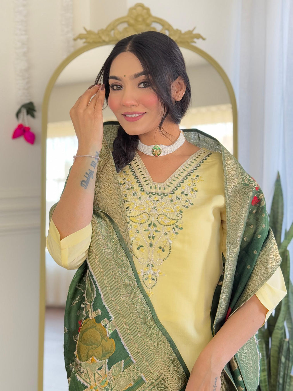 The52 Yellow Women's Viscose Chanderi Fabric Straight Kurta, Pant and Dupatta Set