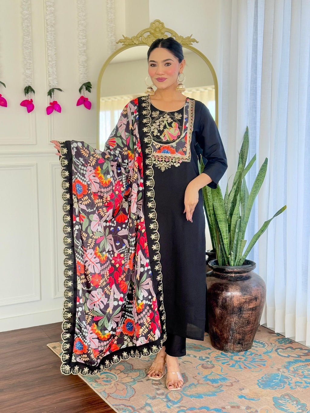The52 Women's Viscose Chanderi Fabric Straight Kurta, Pant and Dupatta Set