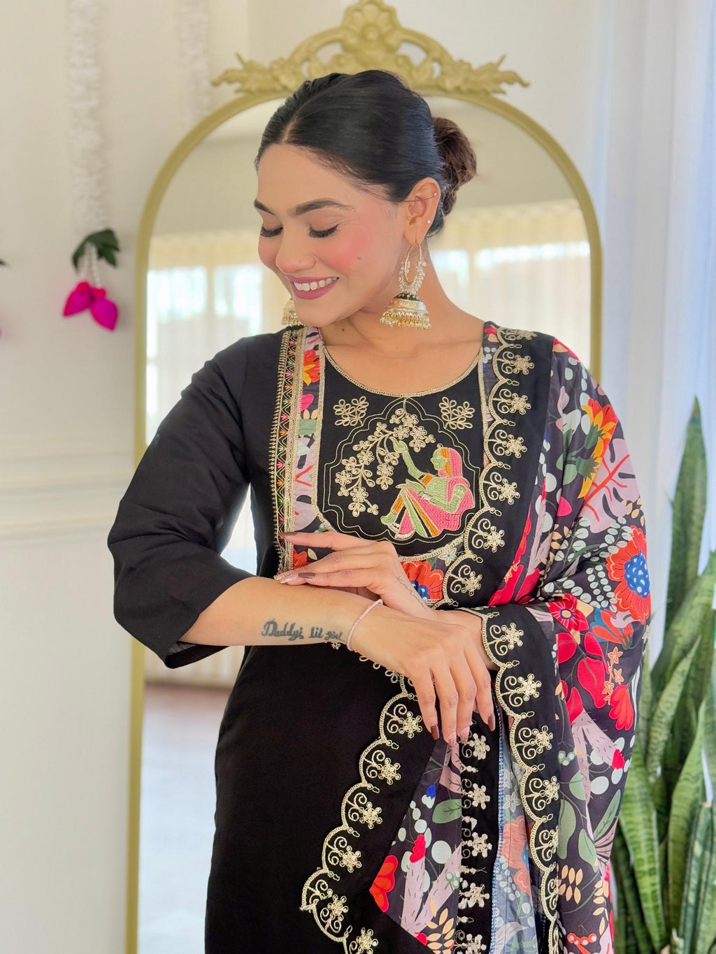 The52 Women's Viscose Chanderi Fabric Straight Kurta, Pant and Dupatta Set