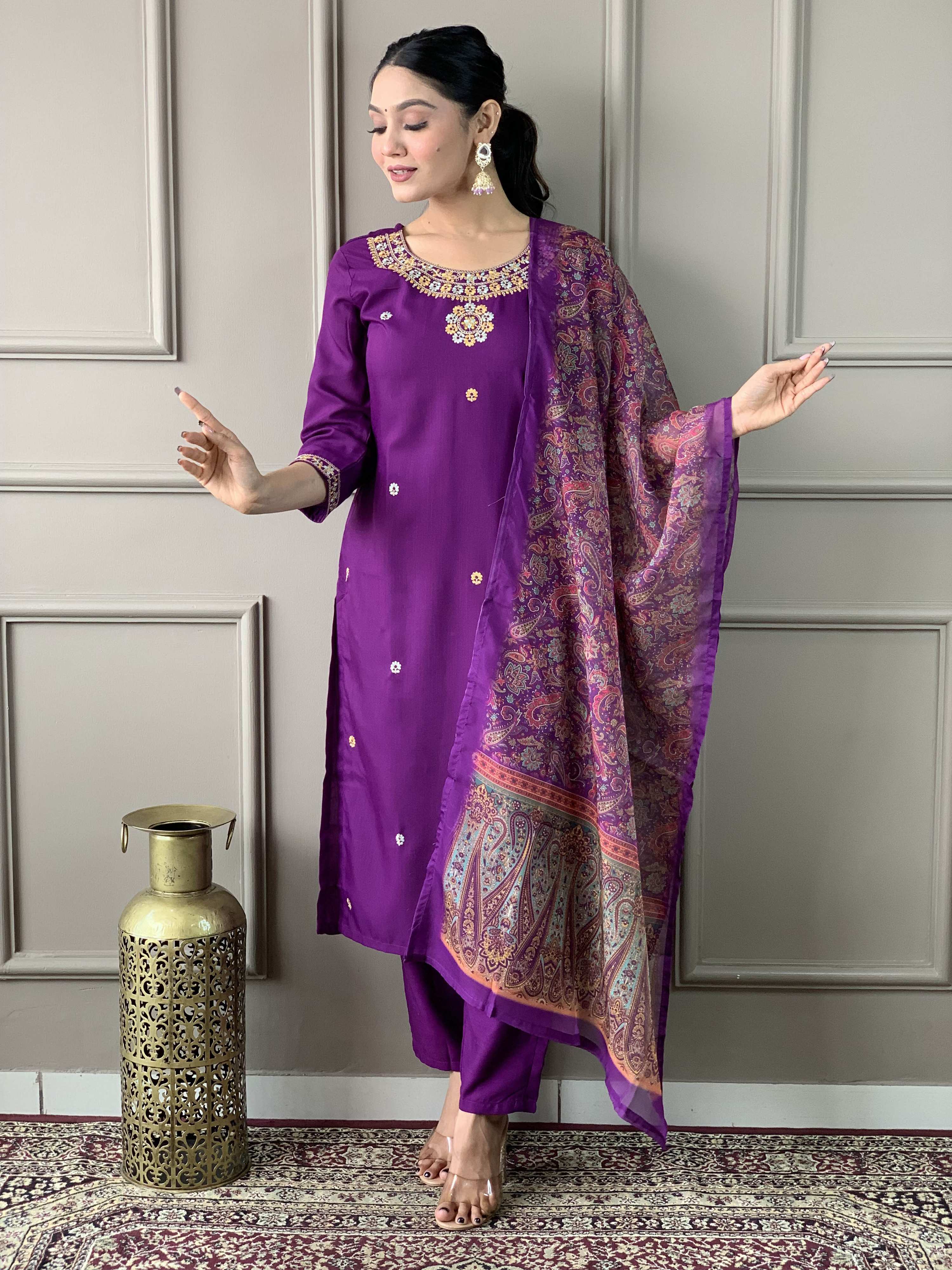 The52 Women's Wine Rayon Slub Embroidered Straight Kurta, Pant and Dupatta Set