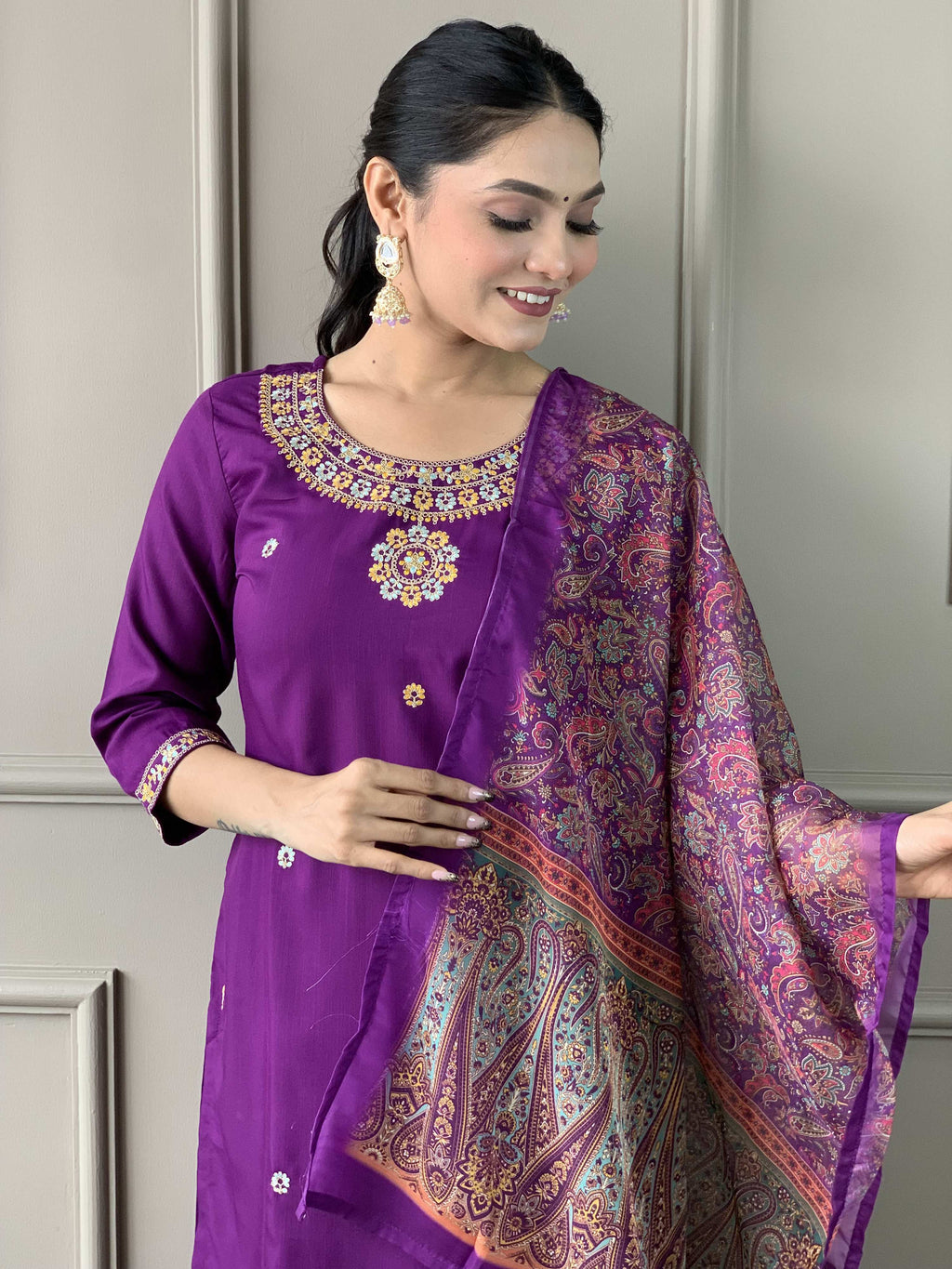 The52 Women's Wine Rayon Slub Embroidered Straight Kurta, Pant and Dupatta Set