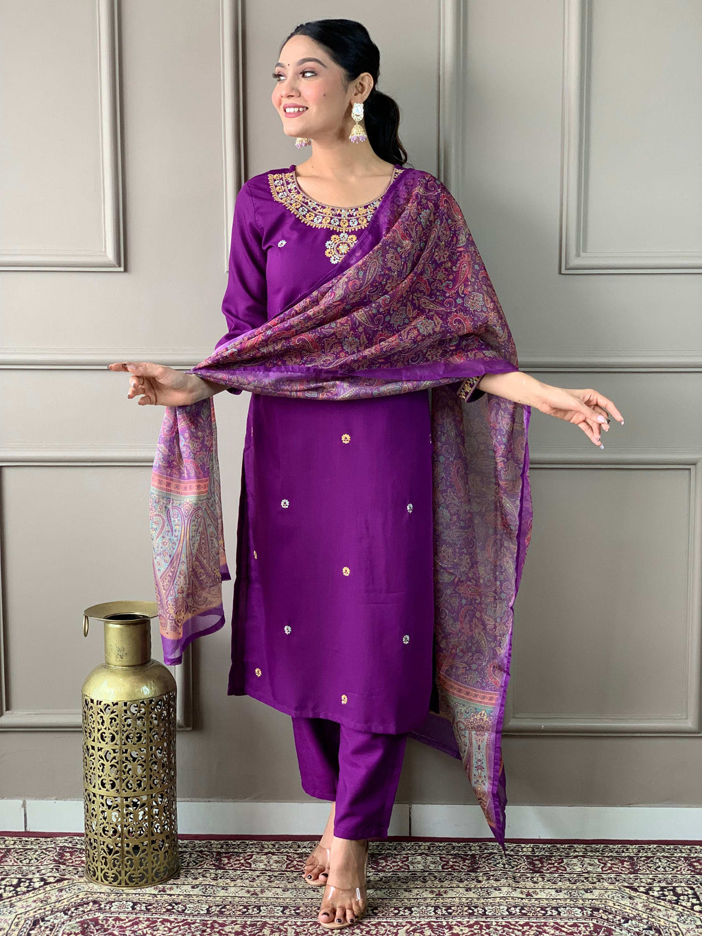 The52 Women's Wine Rayon Slub Embroidered Straight Kurta, Pant and Dupatta Set