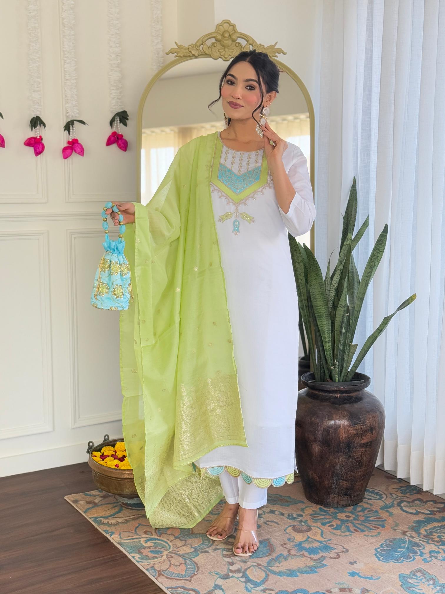 The52 White Women's Viscose Chanderi Fabric Straight Kurta, Pant and Dupatta Set