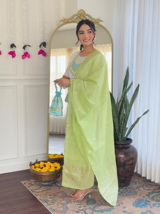 The52 White Women's Viscose Chanderi Fabric Straight Kurta, Pant and Dupatta Set