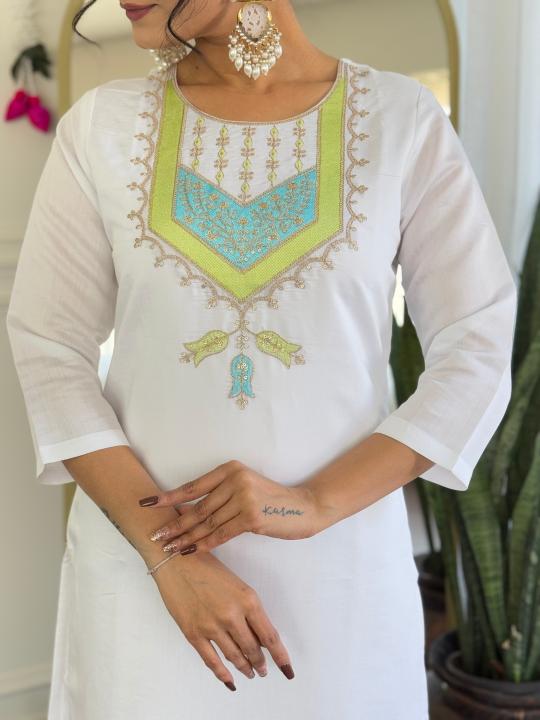 The52 White Women's Viscose Chanderi Fabric Straight Kurta, Pant and Dupatta Set