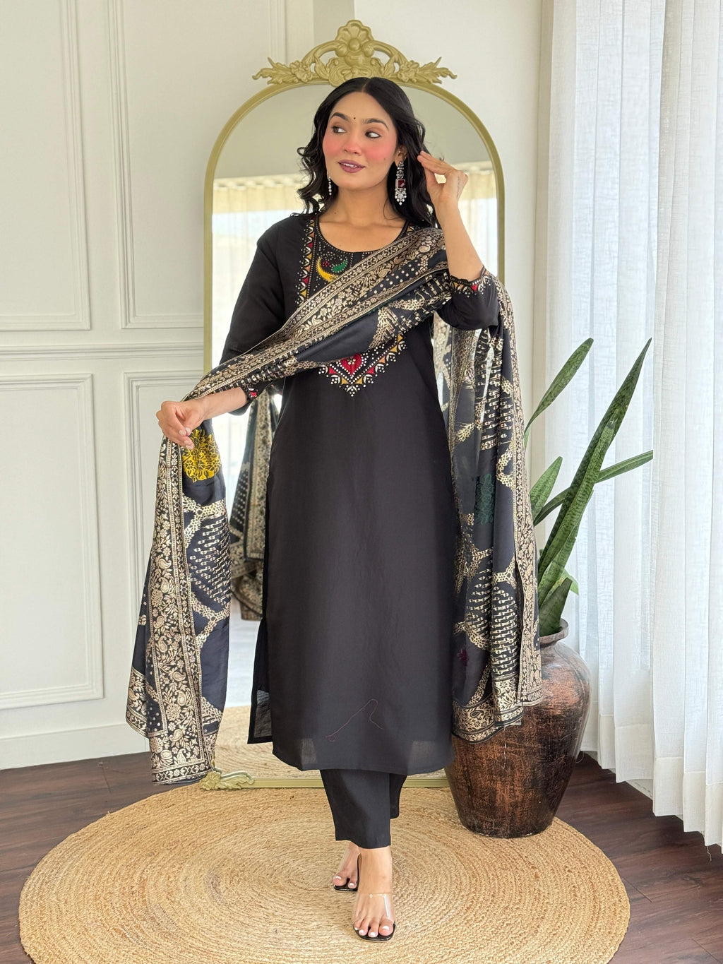 The52 Women Gorgeous Roman Silk Fabric Straight Kurta, Pant and Dupatta Set