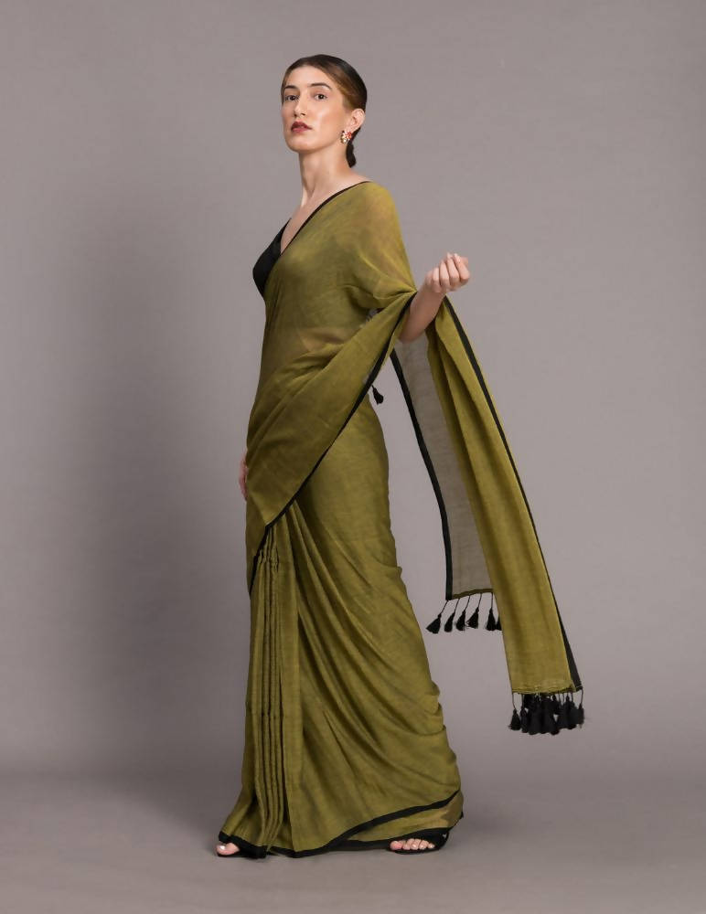 Suta Olive Green Black Solid Pure Cotton Saree