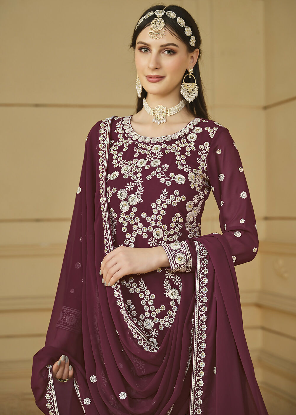 Burgundy Wine Embroidered Georgette Gharara Style Suit - Emponline