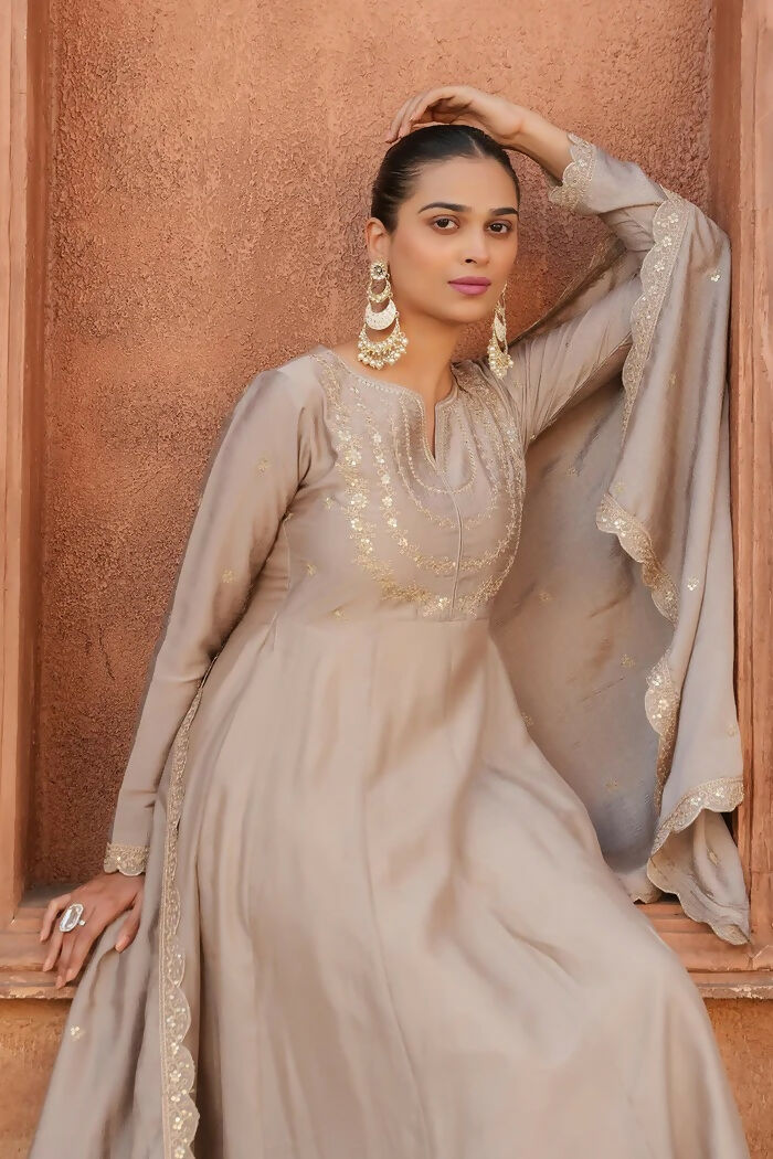 The52 Brown Women's Gorgeous Vichitra Silk Fabric Embroidered Work Flared Anarkali Pant and Dupatta Set