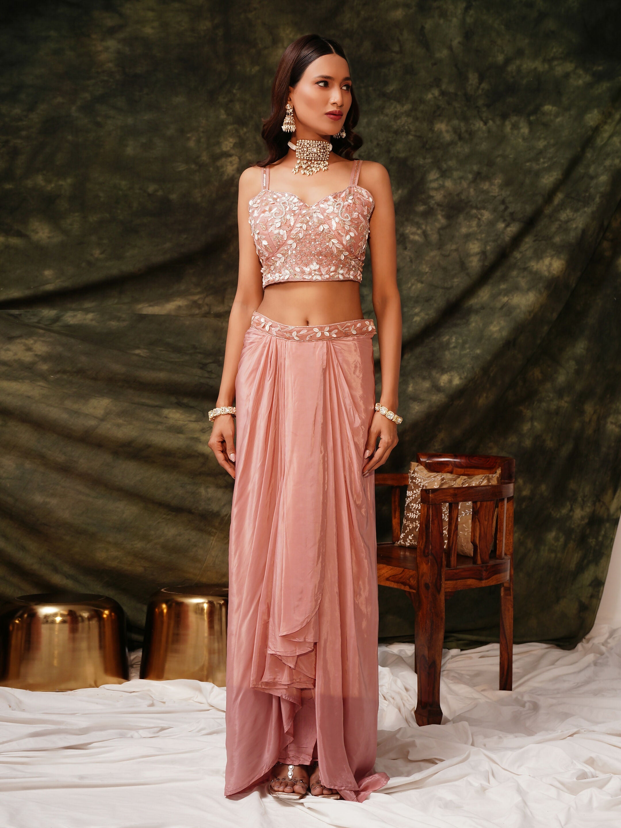 Peach Pure Crepe Handwork Top with Skirt & Shrug - Naomika