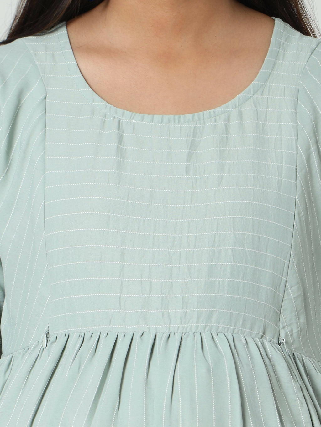 Manet Three Fourth Maternity Dress Striped With Concealed Zipper Nursing Access - Pista Green