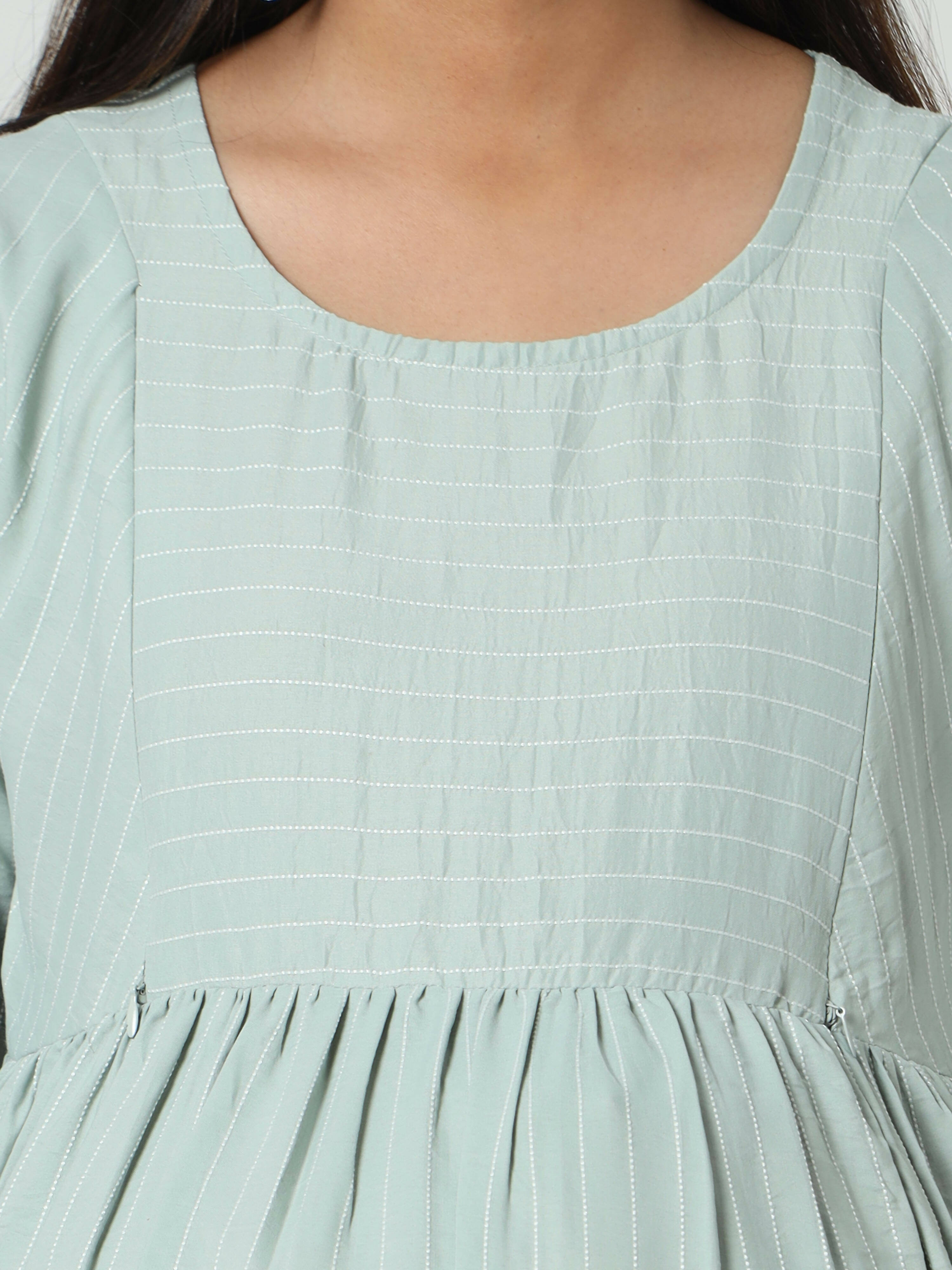 Manet Three Fourth Maternity Dress Striped With Concealed Zipper Nursing Access - Pista Green